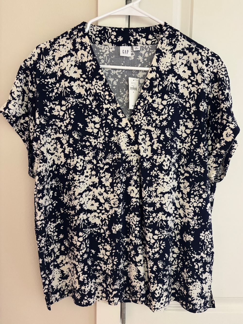 GAP Navy Floral V-Neck Top, Blouse with Short Sleeve Dropped Shoulders